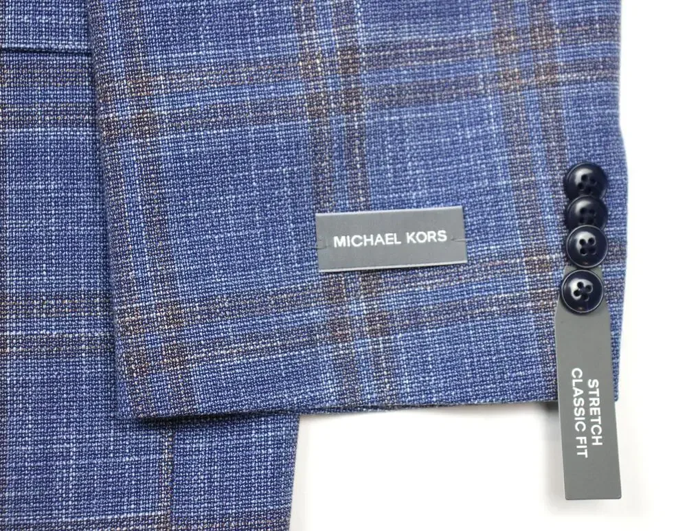 Michael Kors Sport Coat Mens 48 R Blue Rust Plaid Classic Fit Stretch Blazer